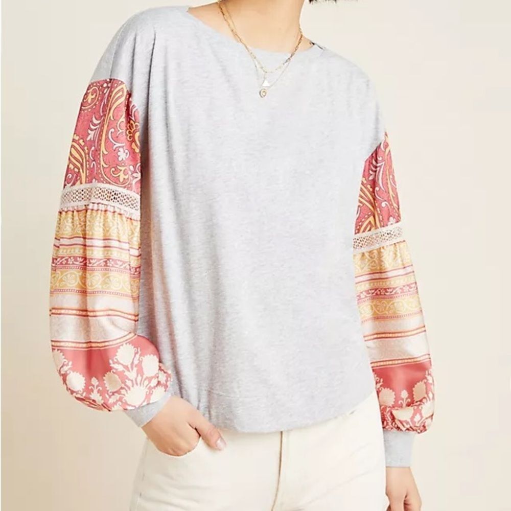 Anthropologie Tiny Ryder Patchwork Puff Sleeve Sweatshirt Gray Boho SP